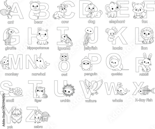 English alphabet with cute animals coloring page for kids