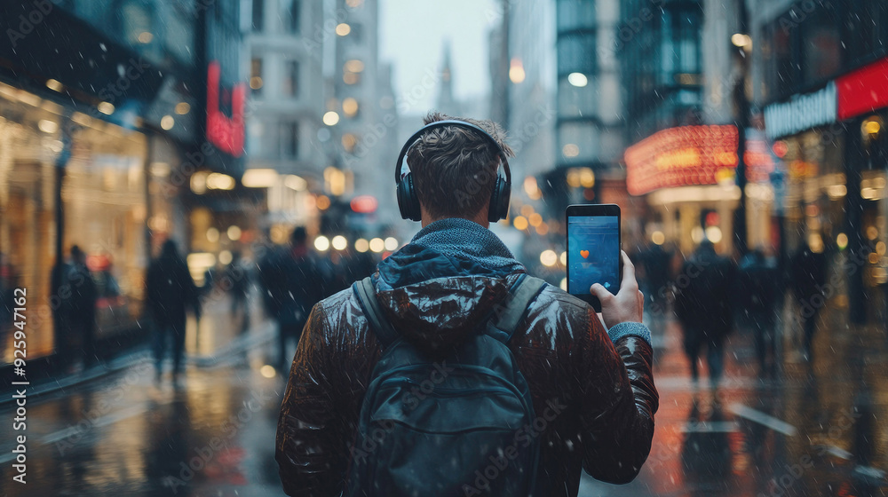 Man Wearing Headphones Using Smartphone in Busy Rainy City Street with Blurred Background Man Wearing Headphones Using Smartphone in Busy Rainy City Street with Blurred Background