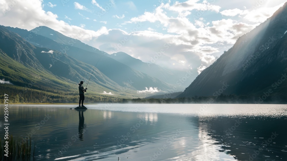 a fisherman holds a fishing rod and fishing line on the lake. a fisherman holds a fishing rod and fishing line on the lake.