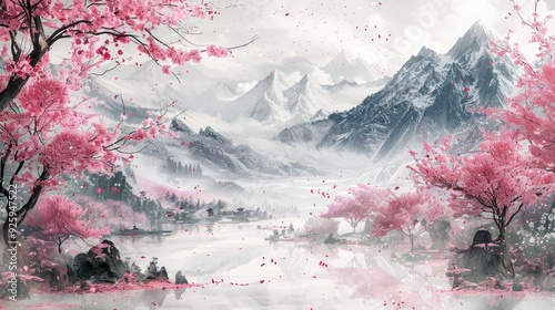 Sumi-e ink painting capturing the serene beauty of a traditional Japanese