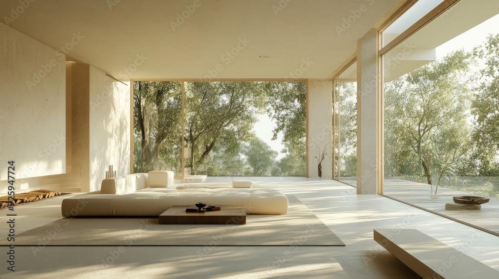 Modern Minimalist Living Room with Floor-to-Ceiling Windows Overlooking a Serene Forest Landscape Modern Minimalist Living Room with Floor-to-Ceiling Windows Overlooking a Serene Forest Landscape