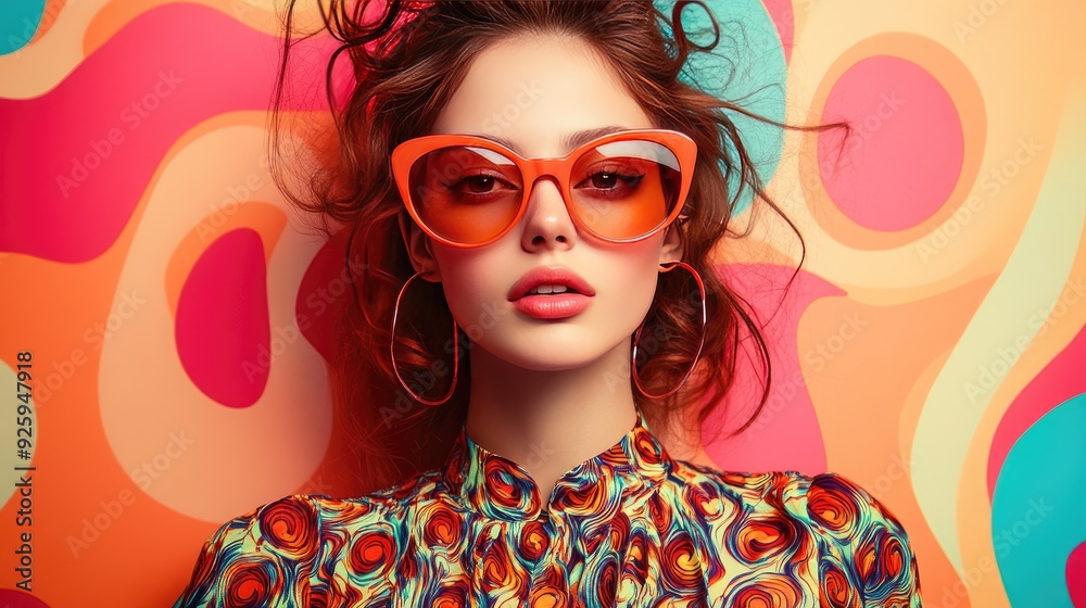 Vibrant Retro Fashion Portrait of Stylish Woman in Bold Patterns and Cat-Eye Glasses Vibrant Retro Fashion Portrait of Stylish Woman in Bold Patterns and Cat-Eye Glasses