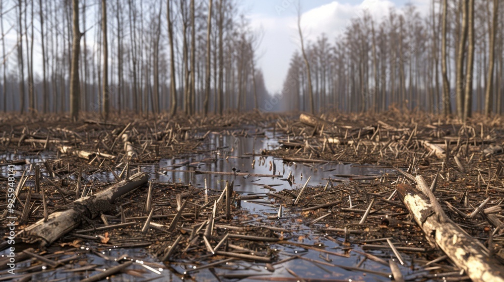 Barren, waterlogged forest floor with fallen branches and tree trunks, surrounded by tall trees in the distance under a cloudy sky. Barren, waterlogged forest floor with fallen branches and tree trunks, surrounded by tall trees in the distance under a cloudy sky.
