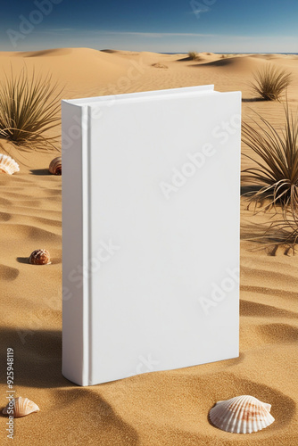book with blank cover and empty cover perched on desert
