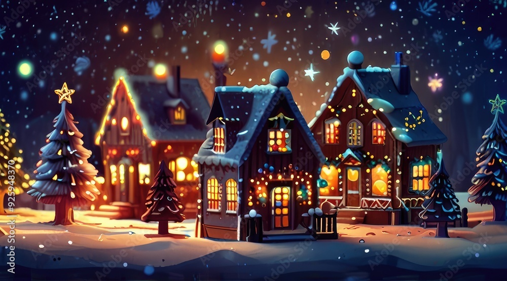Cozy Snow-Covered Gingerbread Houses with Christmas Lights and Starry Night Sky Cozy Snow-Covered Gingerbread Houses with Christmas Lights and Starry Night Sky