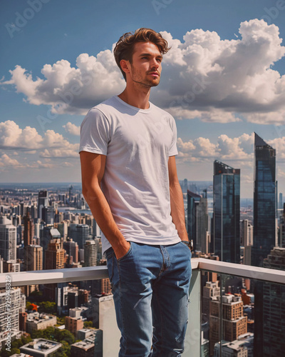 young man in a plain white t-shirt stands in balcony ,city landscape 