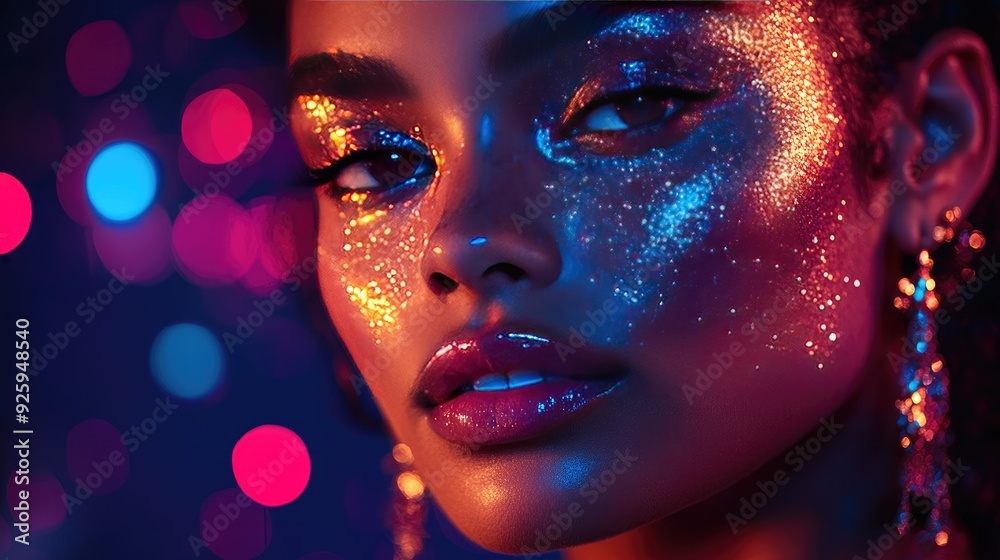 Glamorous Neon Portrait of a Woman with Glitter and Colorful Bokeh Background Glamorous Neon Portrait of a Woman with Glitter and Colorful Bokeh Background
