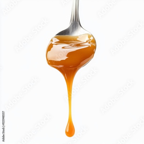 Close up of drip of caramel in a spoon on an isolated white background
