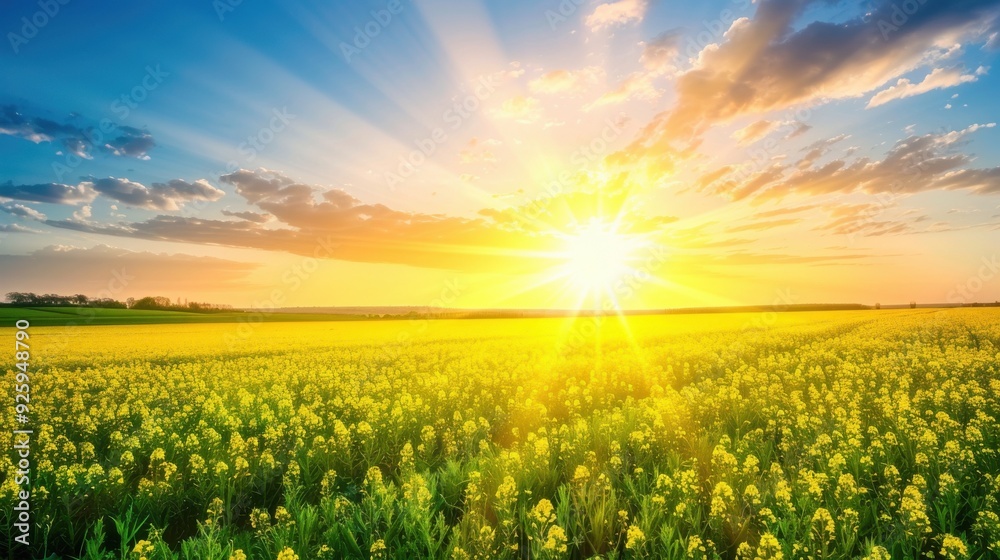 Obraz premium Breathtaking sunrise over a lush field of blooming flowers, illuminating the landscape with warm, golden light and a clear blue sky.