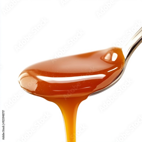Close up of drip of caramel in a spoon on an isolated white background
