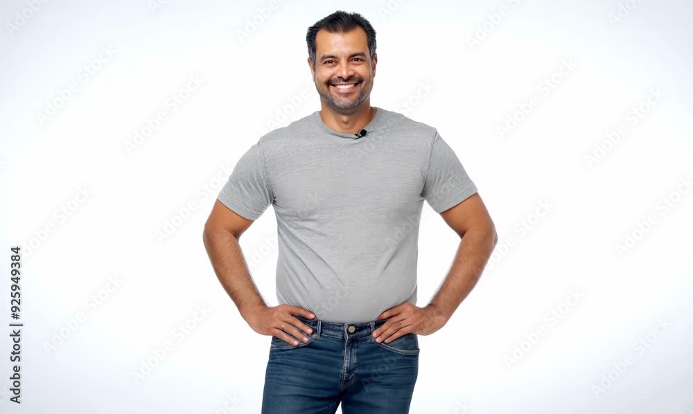 Portrait of a happy latin man in grey t-shirt on white background Portrait of a happy latin man in grey t-shirt on white background