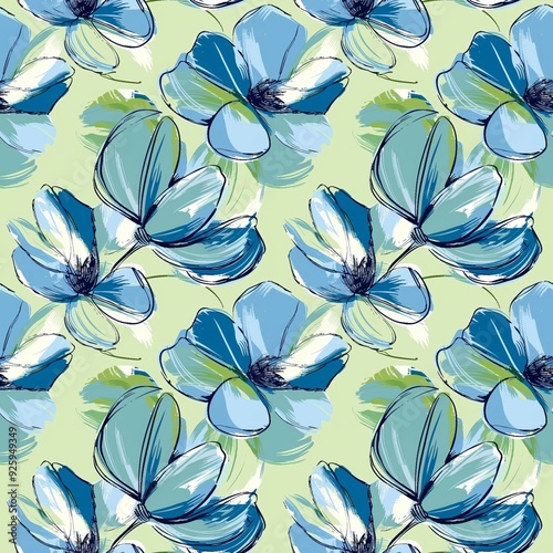 Seamless pattern of large blue flowers on a light green background, hand-drawn, brushstrokes, in watercolor style.
