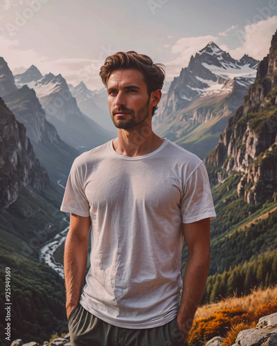 A man wearing a white shirt stand, Concept of relaxation and leisure, as the man is enjoying the beautiful view of the water and the surrounding landscape