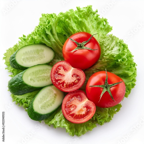 Isolated on White: Fresh Cut Tomato, Cucumber, and Lettuce