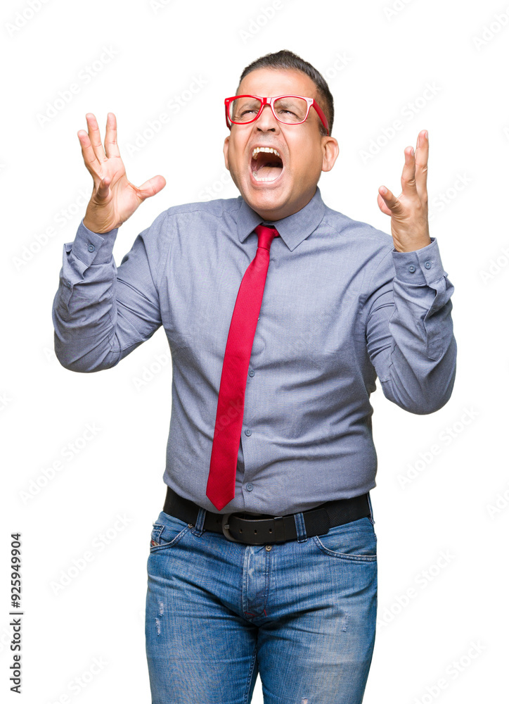 Middle age arab man wearing fashion red glasses over isolated background celebrating mad and crazy for success with arms raised and closed eyes screaming excited. Winner concept Middle age arab man wearing fashion red glasses over isolated background celebrating mad and crazy for success with arms raised and closed eyes screaming excited. Winner concept