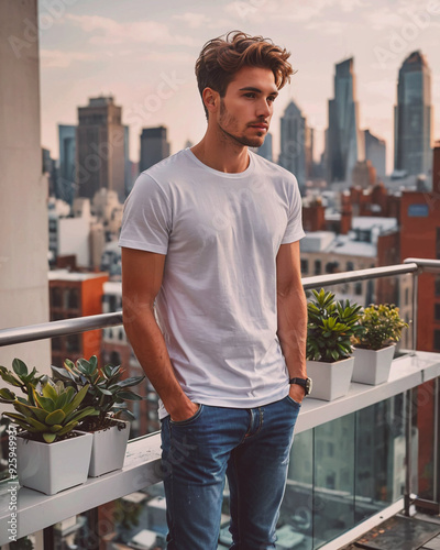 young man in a plain white t-shirt stands in balcony ,city landscape 
