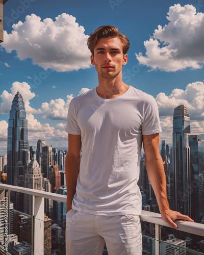 young man in a plain white t-shirt stands in balcony ,city landscape 