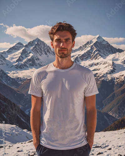 A man wearing a white shirt stand, Concept of relaxation and leisure, as the man is enjoying the beautiful view of the water and the surrounding landscape
