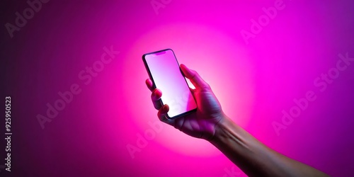 A Male hand holding smartphone with blank screen on vibrant neon color background AI generate
