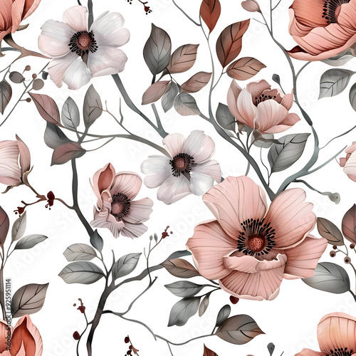 Watercolor Seamless Pattern of Luxury Flowers and Leaves.  Design For Modern Home Decor, Textiles, Wrapping Paper, Wallpaper, Fabric Print, Greeting Cards, Invitation Card, Wall Sticker