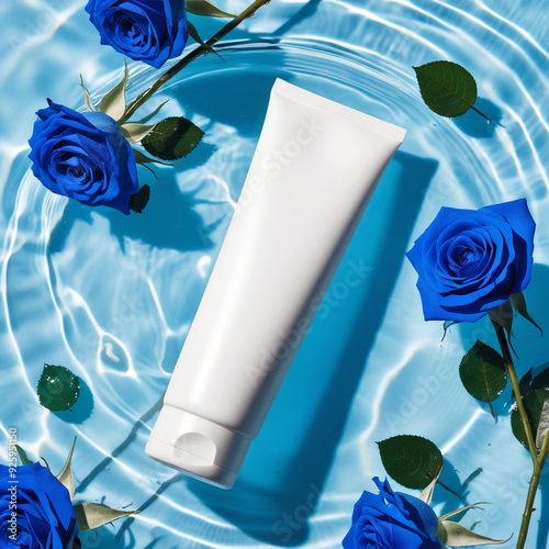 Bottle of natural cosmetics with blue rose flowers on a background of blue water with waves. Beauty products for body and face care.