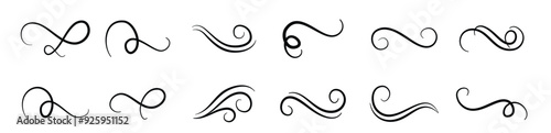 Vintage swirl ornament, line style flourishes set. Filigree calligraphic ornamental curls. Decorative retro design elements for menu, certificate diploma, wedding invitation card, outline text divider