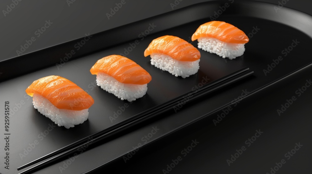 Delicious sushi presented elegantly on a sleek black plate. This fresh sushi features salmon on a bed of rice. Ideal for food photography or restaurant menus. AI
