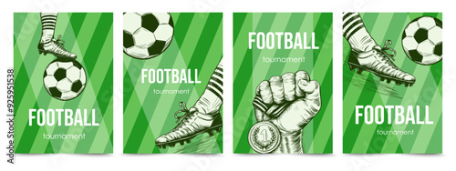 Football tournament design templates. Soccer championship. International sports games. Vector illustrations of football player, ball, medal in hand, game, match, competition for poster, cover.