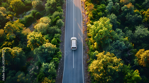 erial view of car with headlights on. photo