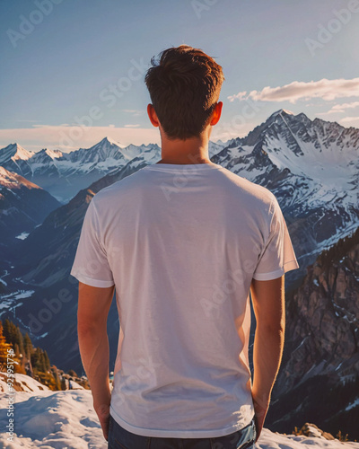 A man wearing a white shirt stand, Concept of relaxation and leisure, as the man is enjoying the beautiful view of the water and the surrounding landscape