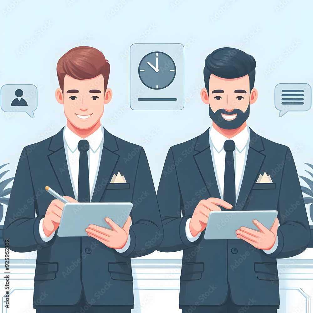 Two Hotel Receptionists Using Tablets with Booking Systems Two Hotel Receptionists Using Tablets with Booking Systems