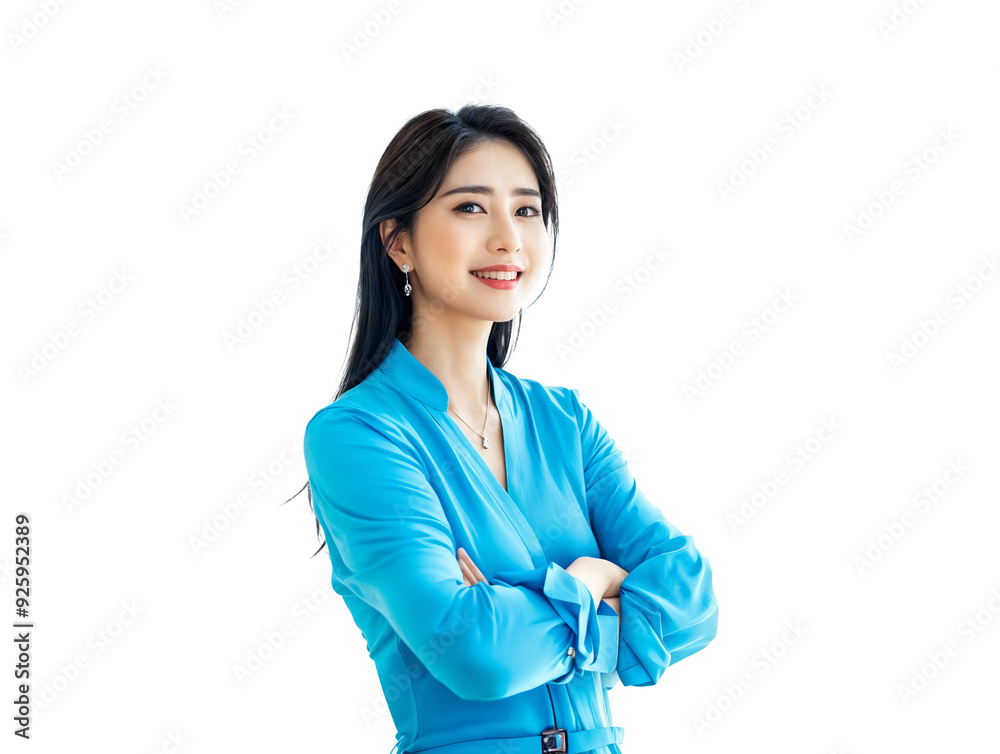 Confident Asian Woman in Blue Blouse with Crossed Arms, Generated AI Confident Asian Woman in Blue Blouse with Crossed Arms, Generated AI