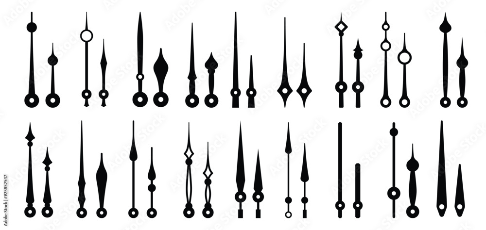 Isolated clock hands, time pointers, watch arrows. Vector monochrome elements set, essential components of analog clock in various shapes and sizes. Hour and minute hand pairs for accurate. Isolated clock hands, time pointers, watch arrows. Vector monochrome elements set, essential components of analog clock in various shapes and sizes. Hour and minute hand pairs for accurate.