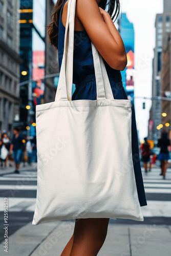 Woman holding white eco bag or canvas bag in urban city setting. mockup