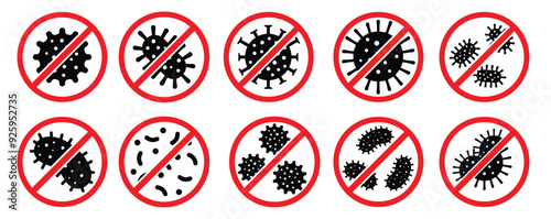 Antibacterial and antiviral defense set icon. Stop bacteria and viruses prohibition sign , logo isolated on white background.