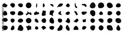 Random blotch, inkblot. Organic blob, blot. Speck shape.Splat, fleck graphic. Drop of liquid, fluid. Pebble, stone silhouette.Ink stain, mottle spot irregular shape. Basic, simple rounded, smooth form
