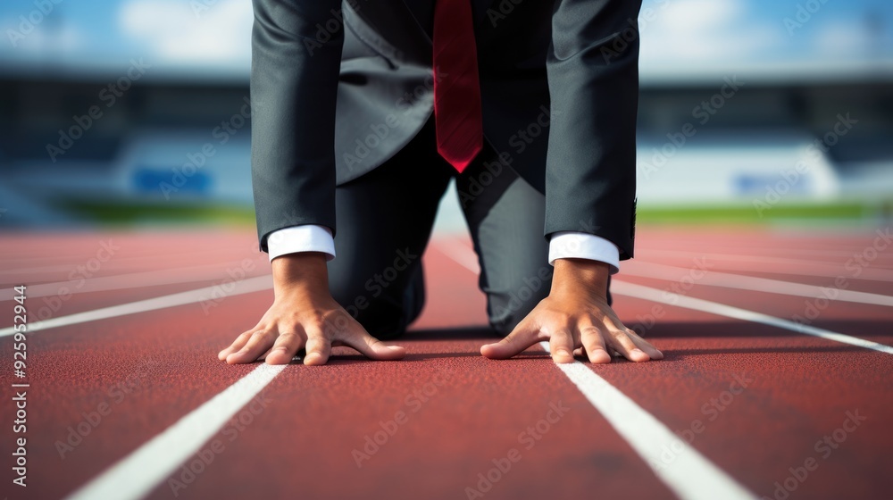 Fototapeta premium Dynamic close-up of a businessman in a suit, getting ready to run from the starting line on a track, capturing the essence of competition and ambition in the business world,generative ai