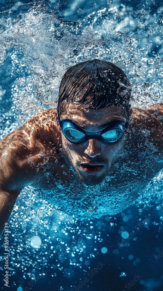 Fototapeta premium A man is swimming in the ocean wearing goggles