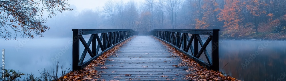 Eerie Foggy Bridge Over Dark River in Autumn with Fallen Leaves - Spooky Halloween Background with Copy Space Eerie Foggy Bridge Over Dark River in Autumn with Fallen Leaves - Spooky Halloween Background with Copy Space