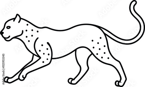 An outline illustration of a cheetah, in mid-sprint, showcasing its slender and fast body, drawn with fluid lines on a white background.