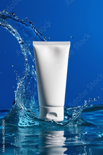Bottles of natural cosmetics with sunscreen against sunburn on the background of blue water with waves