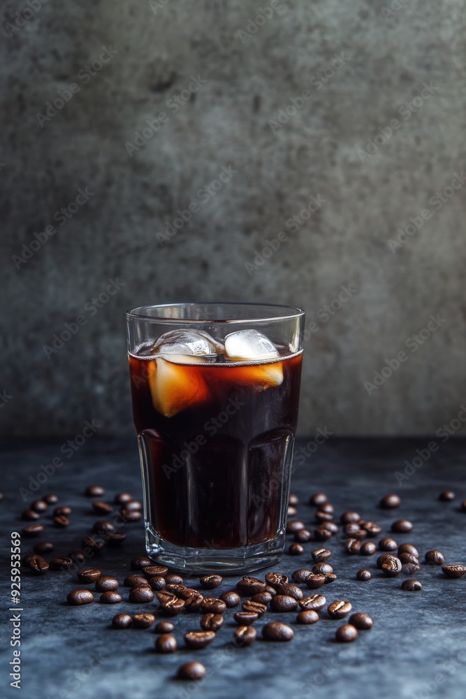 Iced coffee with cream served in a glass beside scattered coffee beans Iced coffee with cream served in a glass beside scattered coffee beans