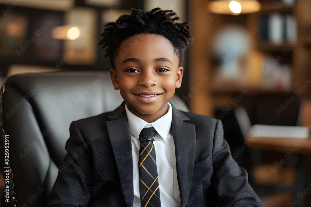 African-American kid dressed as a business man sitting in office chair. Teenager smiling sitting in the office. Working student. Learning from young age, intellectual growth African-American kid dressed as a business man sitting in office chair. Teenager smiling sitting in the office. Working student. Learning from young age, intellectual growth