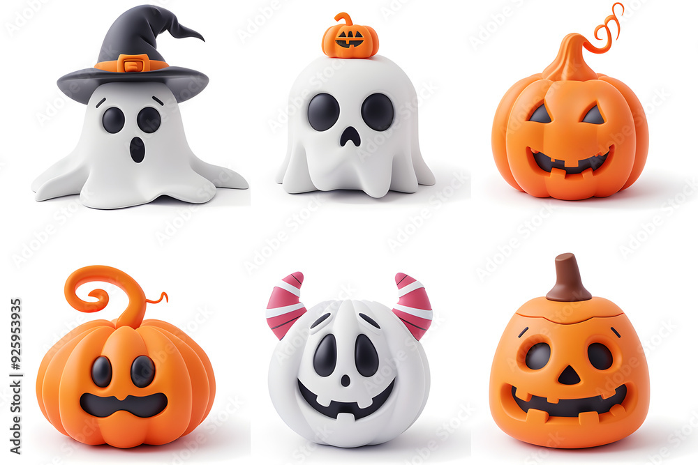 3D-rendered Halloween icon set featuring six pumpkins and ghost figures with various facial expressions, isolated on a white background 3D-rendered Halloween icon set featuring six pumpkins and ghost figures with various facial expressions, isolated on a white background