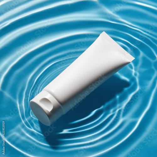 Bottles of natural cosmetics with sunscreen against sunburn on the background of blue water with waves