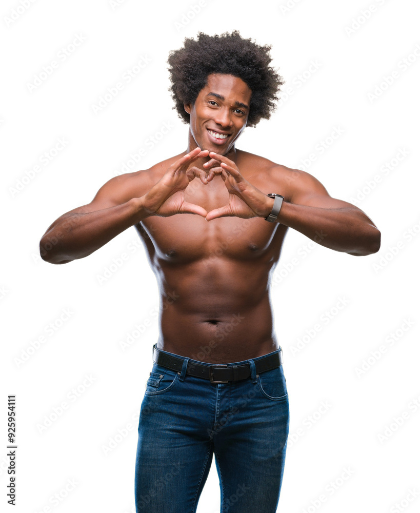 Afro american shirtless man showing nude body over isolated background smiling in love showing heart symbol and shape with hands. Romantic concept. Afro american shirtless man showing nude body over isolated background smiling in love showing heart symbol and shape with hands. Romantic concept.