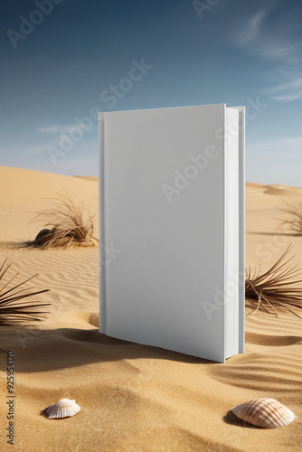 book with blank cover and empty cover perched on desert