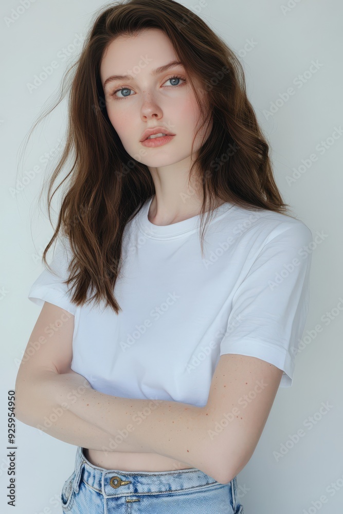 Fototapeta premium Young woman in a plain white t-shirt poses against a neutral backdrop