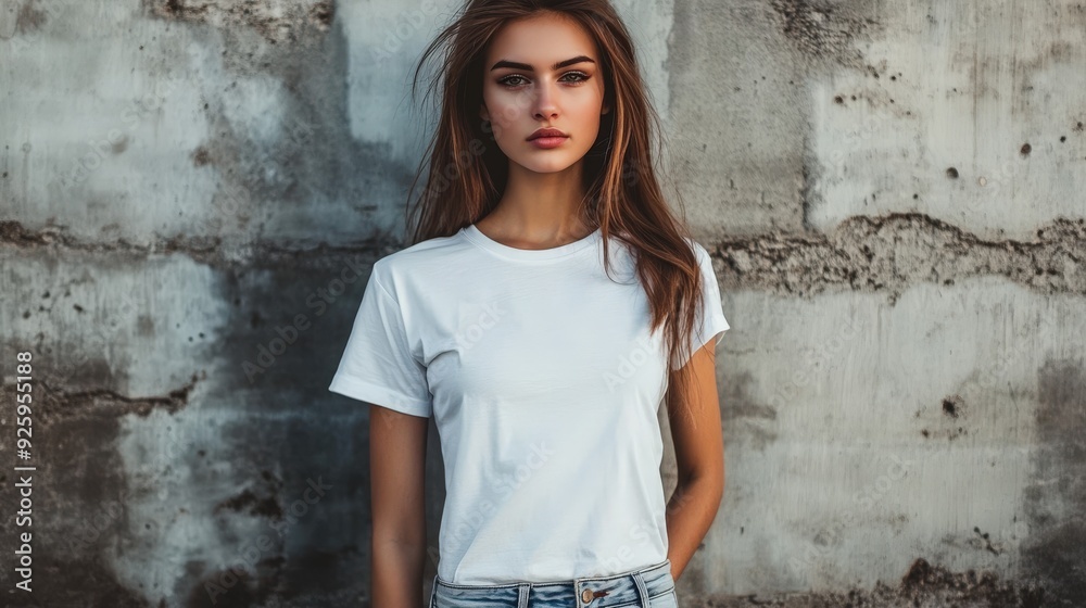 Young woman in a white t-shirt poses confidently against a textured wall Young woman in a white t-shirt poses confidently against a textured wall