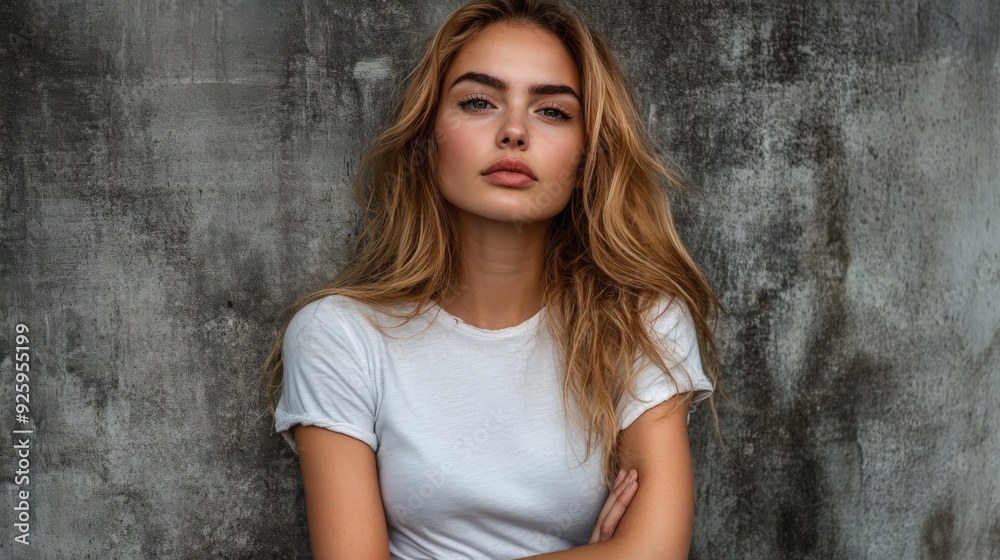 Young woman in a white t-shirt poses confidently against a textured wall